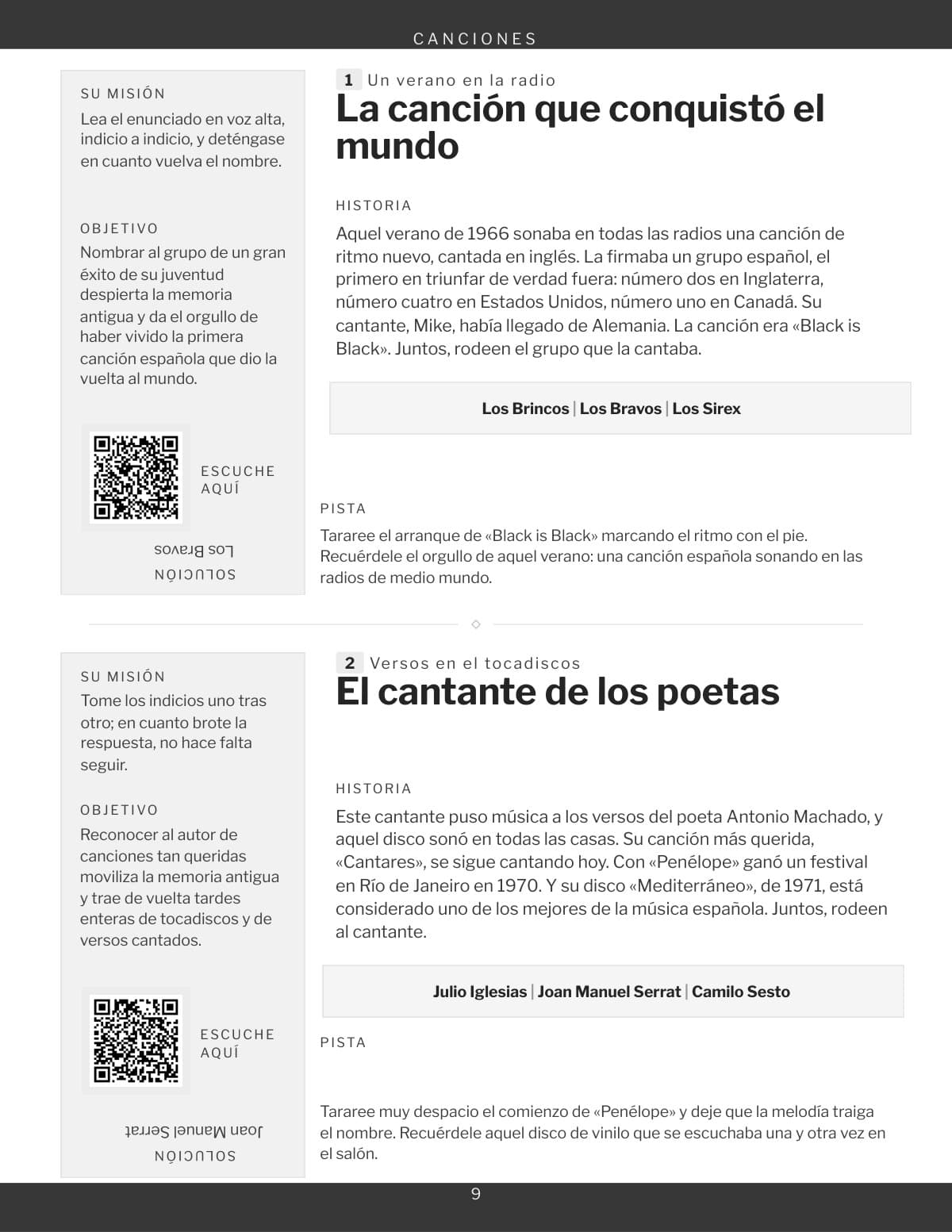 Una página de la rúbrica Canciones, dos juegos y su cuadrado para fotografiar