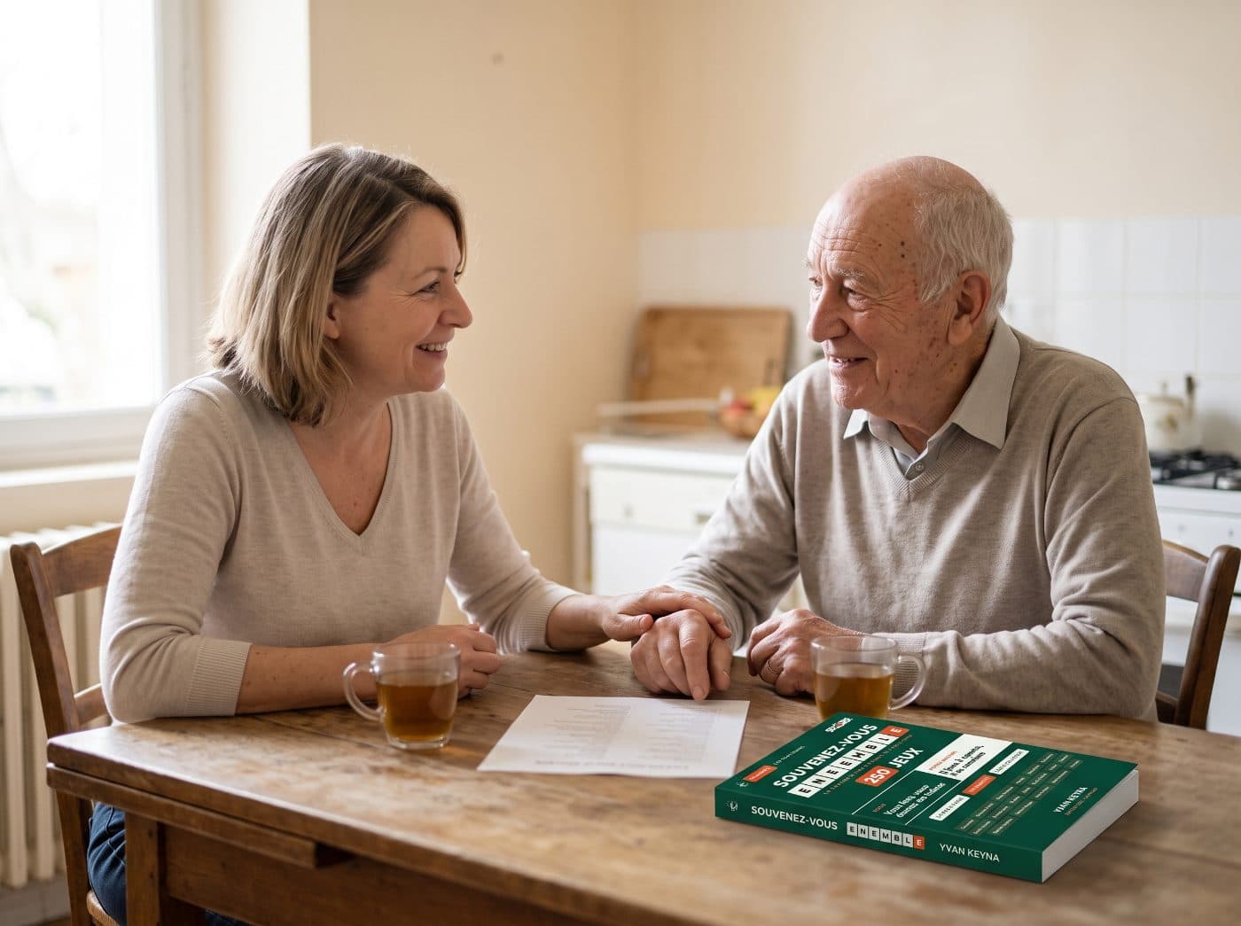 Una mujer y su padre en la mesa de la cocina, con el libro de juegos delante